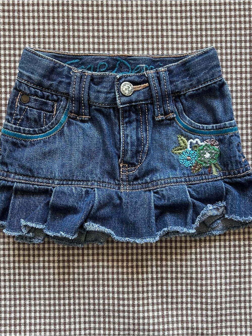 Y2K GAP Denim Ruffle Skirt with Teal and Green Embroidery - Blue 12-18 Months